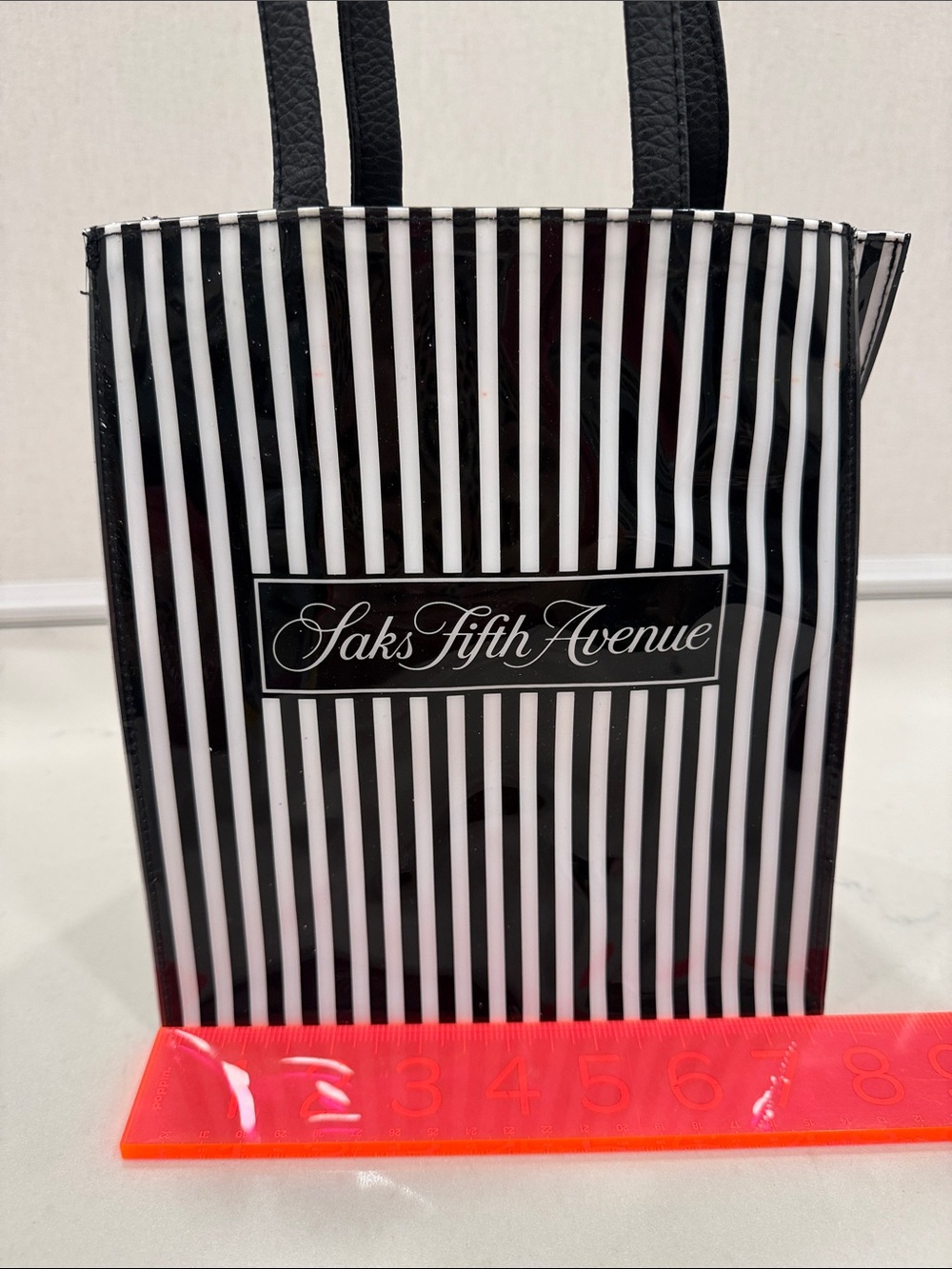 Saks Fifth Avenue Black and White Striped Vinyl Tote - Picture 4 of 5